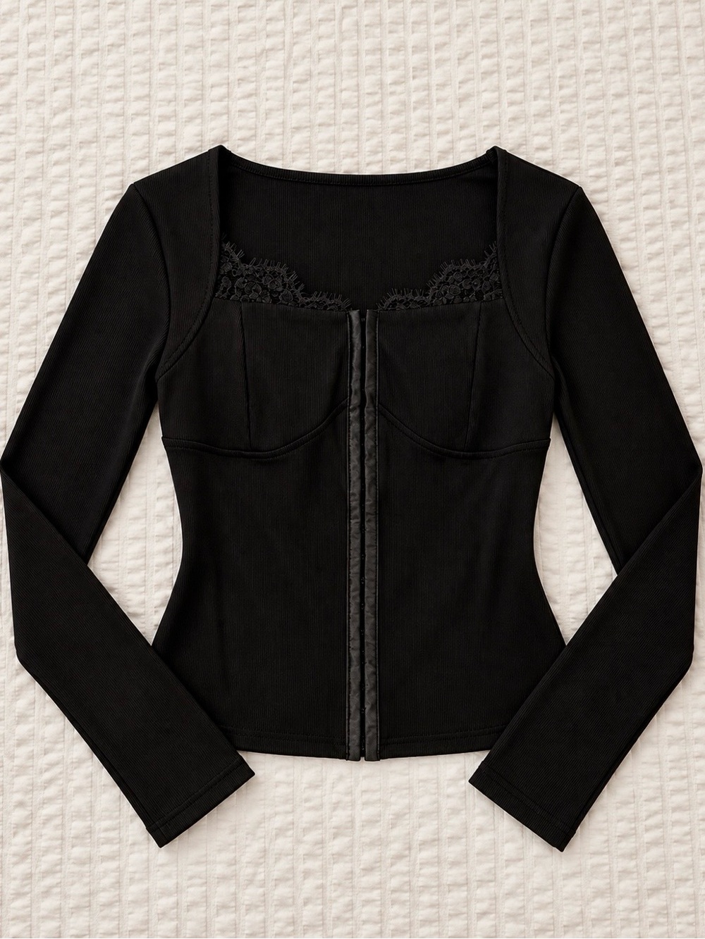 Black Long-Sleeve Lace-Trim Corset Top NEW!